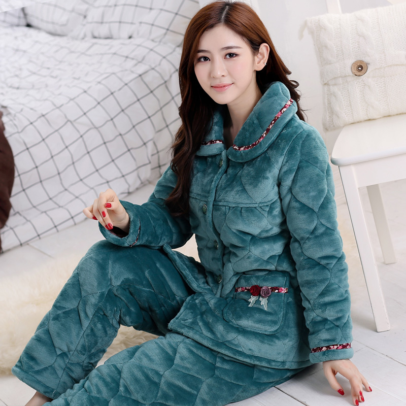 2025年新珊瑚绒夹棉睡衣女秋冬三层加厚冬天妈妈加绒棉家居服