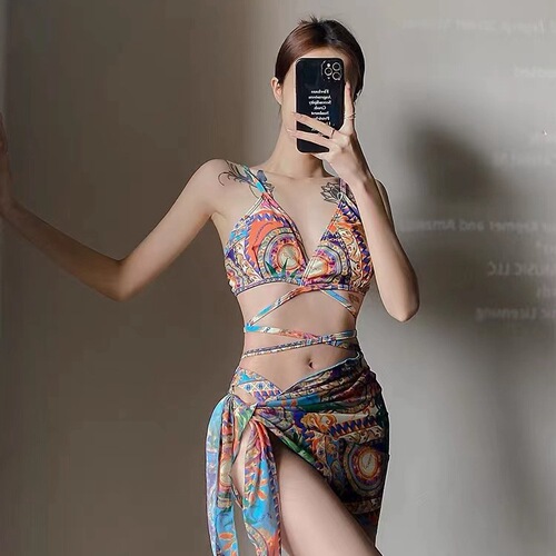  New European and American Bikini Sexy Mesh Print Beach Dress Three-Piece Swimsuit Women's Bikini Swimwear