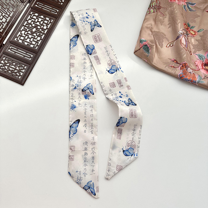 Las chicas del nuevo temperamento chino pinturas de tinta de flores y pájaros caligrafía cinta de cabello cuerda de cabello cabeza de cola de caballo bufandas de seda multipropósito
