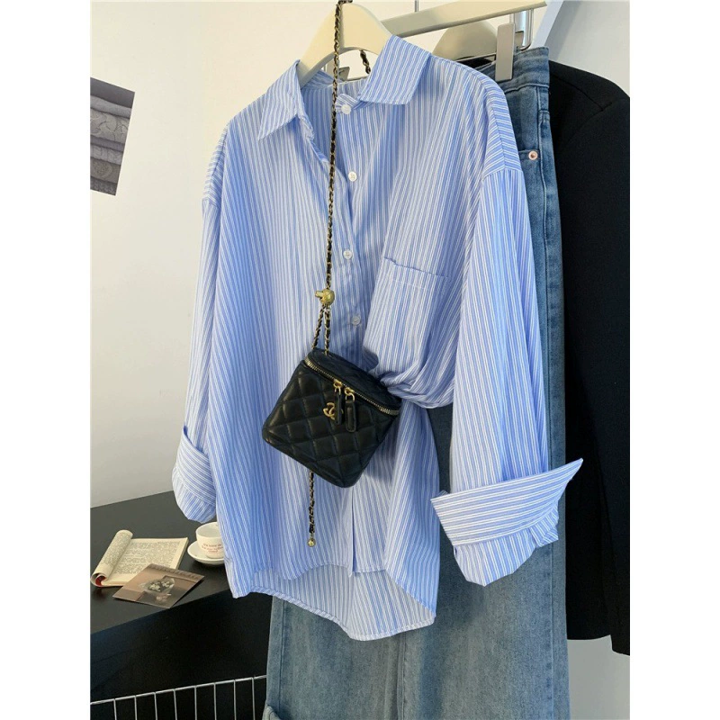 Ретро французский ленивый ветер синяя полосатая рубашка женский весенний и осенний дизайн
