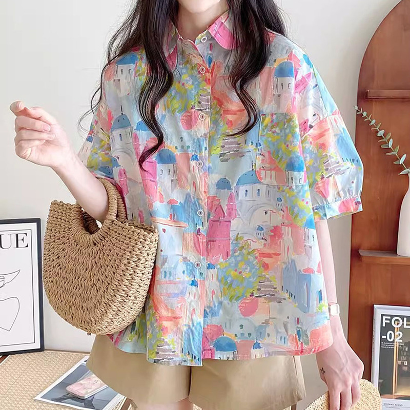 Doll Collar Shirt Women's Summer Japanese and Korean Style Loose Harajuku Style Oil Painting Graffiti Pocket Short Sleeve Printed plus size Top