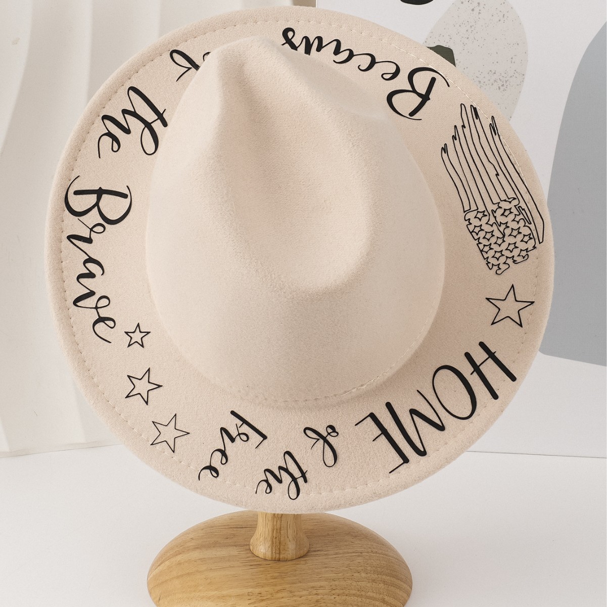 Chapeau de cowboy en feutre à bord plat, motif étoiles peint à la main, en laine colorée, pour femme_voghion.com