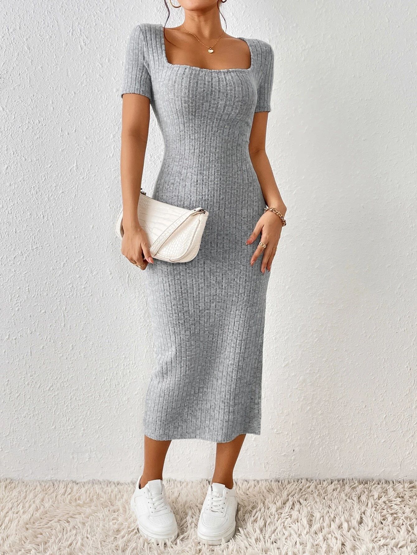Women's Square Neck Slim Fit Bodycon Dress Sexy Slit European American Style Soft Summer Fashion Dress_ecoleips.com