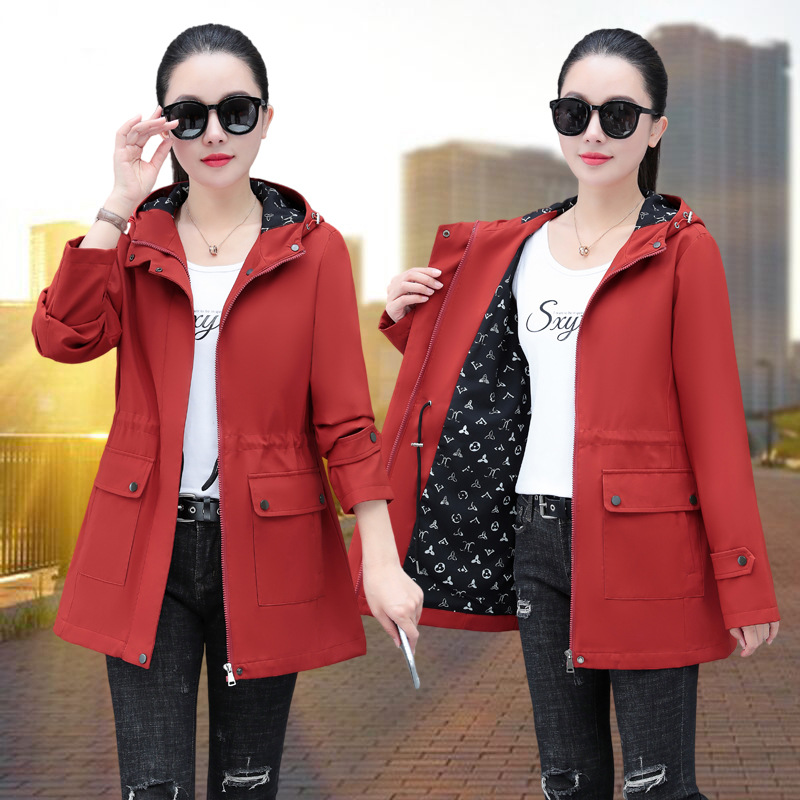 2025 Spring New Mid-Length Hooded Windbreaker Jacket for Middle-Aged Women, Elastic Waist Contrast Color Work Jacket