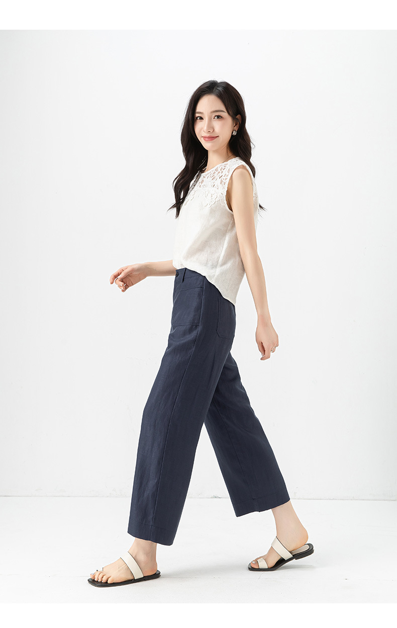 Quần ống rộng Tencel cạp cao dáng suông vải lanh mùa hè — Màu tím-Thông thường (25327) chi tiết 30
