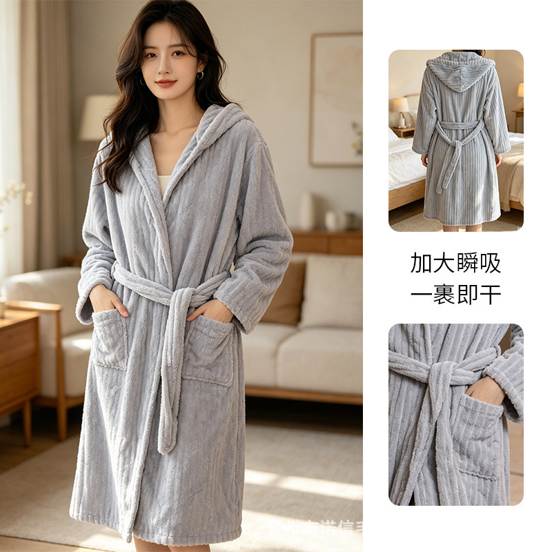 Autumn and winter thickened hooded bathrobe, unisex, with ties, warm sleepwear, home wear, bathrobe, one-piece delivery Autumn and winter thickened hooded bathrobe, unisex, with ties, warm sleepwear, home wear, bathrobe, one-piece delivery