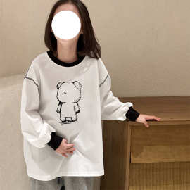 童装女童圆领印花长袖秋装儿童装长袖t恤中大童宽松百搭撞色上衣