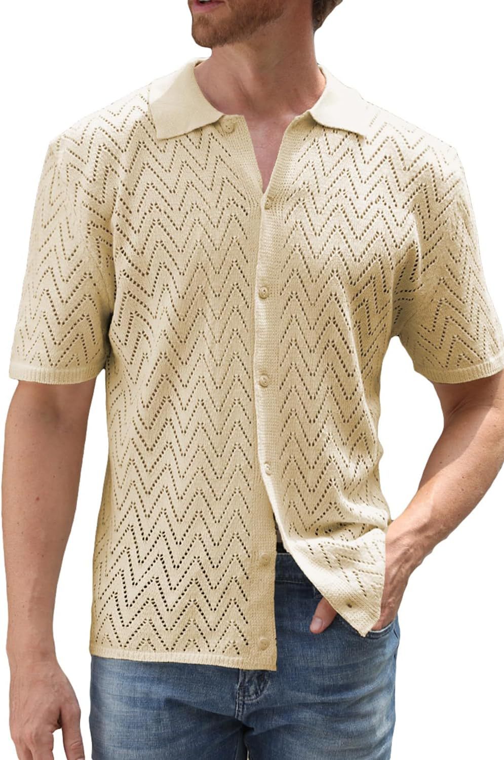 Summer New European And American Casual Knitted Short-sleeve Shirt, Cardigan, Solid Color Hollow Top Men's Clothing_voghion.com