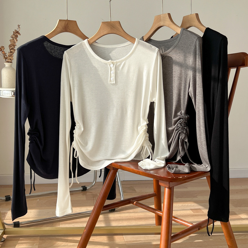 Powerful Factory 26 New Mulberry Silk Lyocell Round Neck Long Sleeve T-Shirt for Women with Half-Open Collar and Side Drawstring, Thin Base Layer Top Powerful Factory 26 New Mulberry Silk Lyocell Round Neck Long Sleeve T-Shirt for Women with Half-Open Collar and Side Drawstring, Thin Base Layer Top