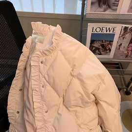 设计感荷叶边菱格夹棉外套女2023冬季新款小个子温柔气质轻薄棉服