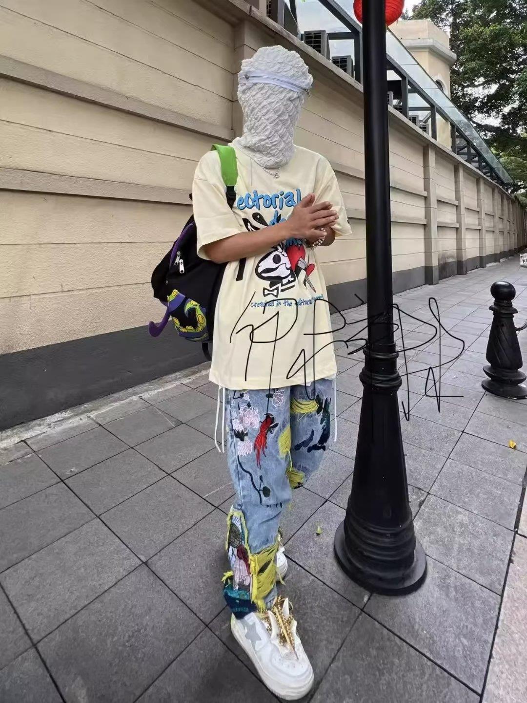 Heavy Embroidered Ripped Jeans American Hong Kong Style Street Fashion for Men And Women mid Waist Straight Pants Blue Long Brushed_voghion.com