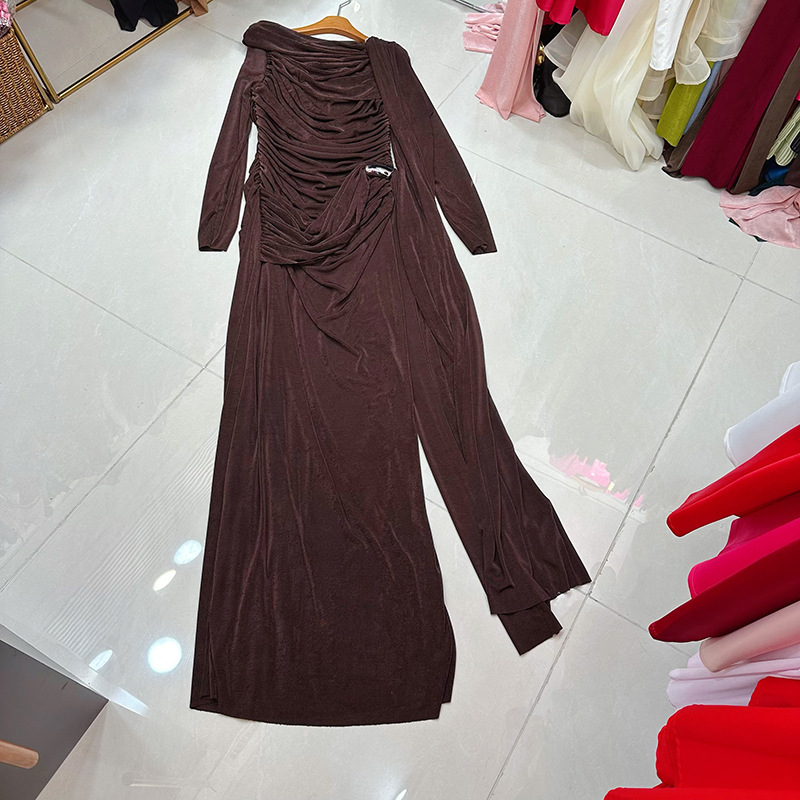 Thirteen Lines Niche Pure Color Pleated Asymmetrical Dress Pleated Dress Knitted Ribbon Long Skirt A1 # 8580