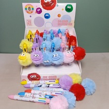 外贸三丽鸥彩色毛毛球挂件圆珠笔搞怪丑娃毛绒球吊坠六色手帐笔批