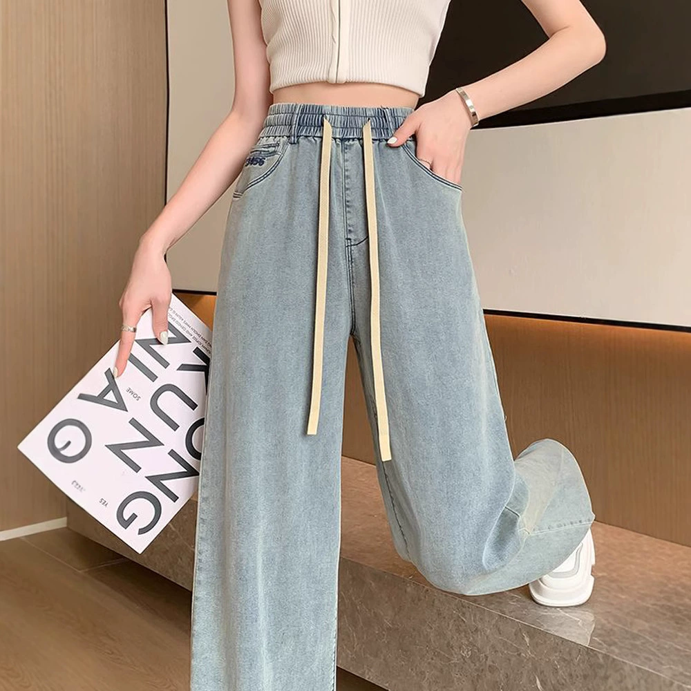 Винтажные джинсы Тинси женские летние тонкие маленькие, эластичный, с высокой талией, тонкая прямая свободная ледяная шелка широкие брюки