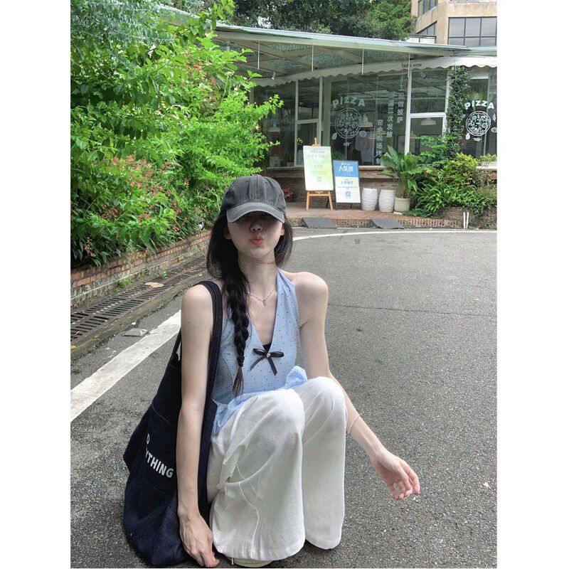 Sweet and Cute Polka Dot Bow Backless Vest Summer New Holiday Style Waist-Cinching Short Fluffy Bud Top