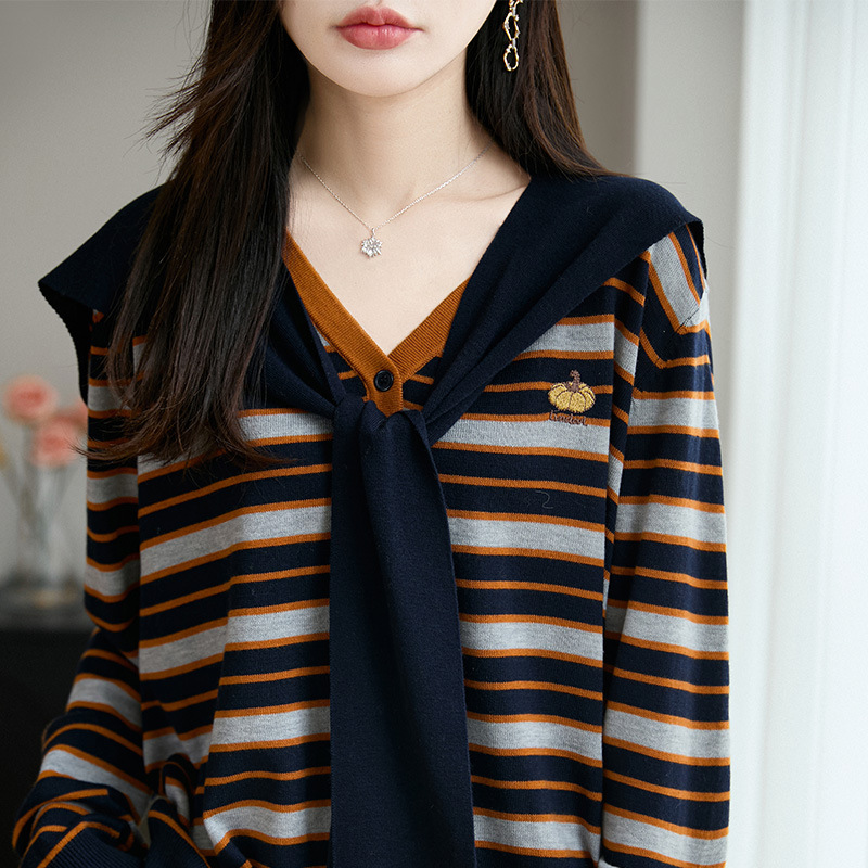 带披肩俩件套设计感条纹针织衫女秋季新款气质毛衣时尚女装上衣|undefined