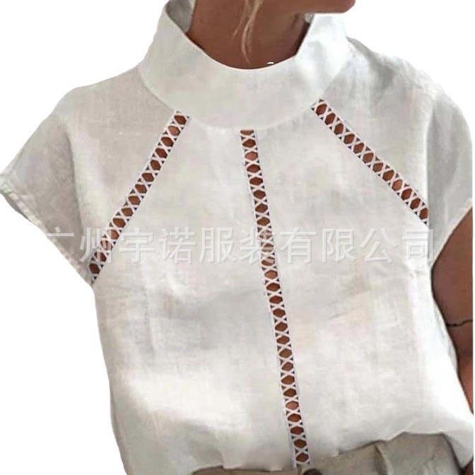 2022 Amazon europeo y americano nuevo deseo popular moda diseño hueco algodón y lino encaje manga corta Camisa de las mujeres