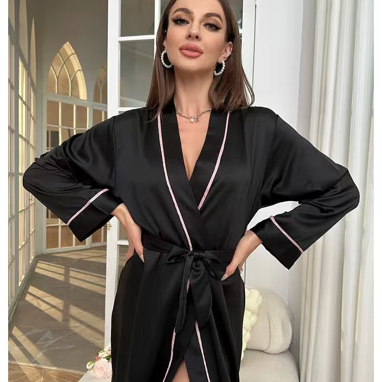 Пижамный халат европейского стиля, plus size, сатиновая фактура с поясом, размеры S–XL