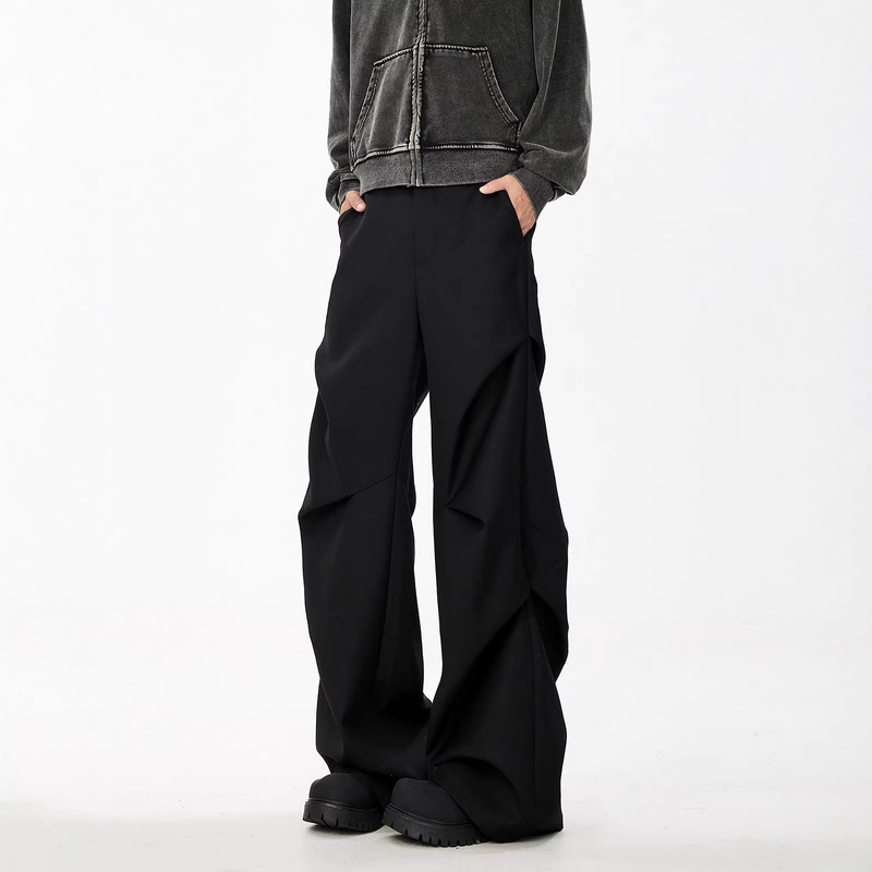 American-Style Fleece-Lined Thickened Pleated Parachute Pants, Winter Unisex Loose Casual Flared Pants, High-End Black Dress Pants, Trendy