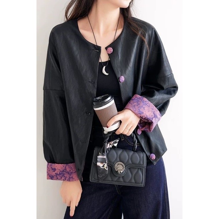 Retro Chinese Style Jacquard Splicing Leather Jacket for Women 2025 New Elegant Casual Pu Leather High-End Chinese Style Top