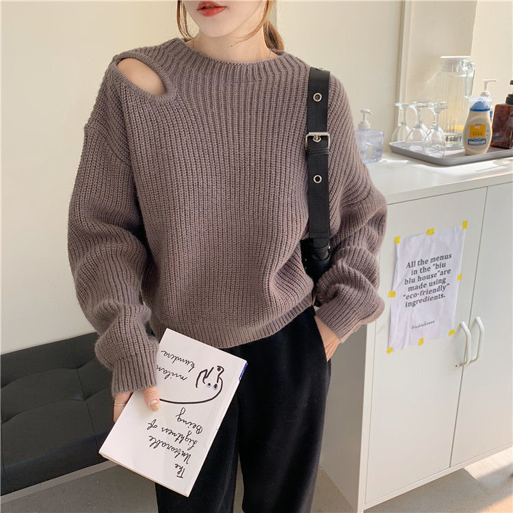 欧美跨境时尚露肩毛衣女春秋季新款宽松慵懒风纯色圆领百搭针织衫|undefined