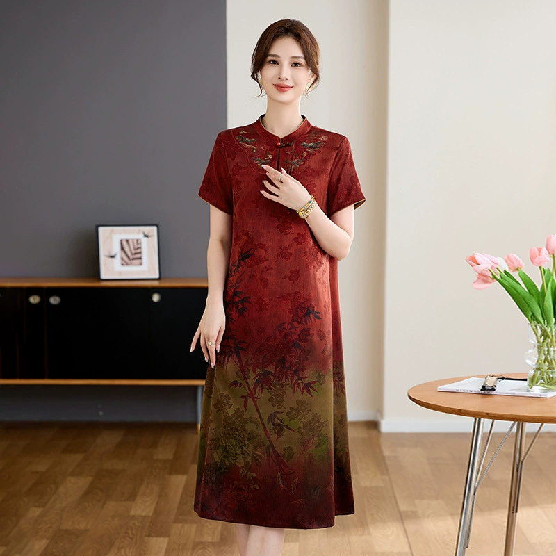 Летнее платье-чонсам с вышитым воротником-стойкой для мамы, женское модное платье-чонсам, закрывающее живот, для похудения, шелковая юбка большого размера с принтом