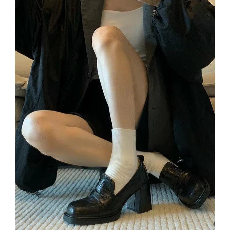 Loafers Women's British Style Retro Jk Small Leather Shoes 2025 New Thick Heel High Heel Flats One-Leg Square Toe Women's Shoes