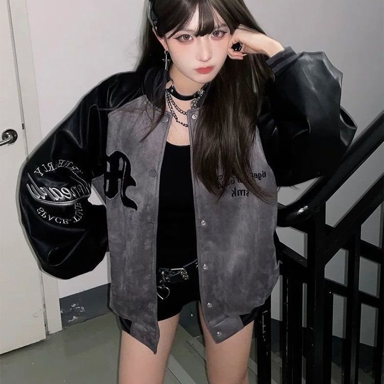 高街刺绣棒球服外套女潮ins春秋宽松百搭学生撞色拼接复古夹克女