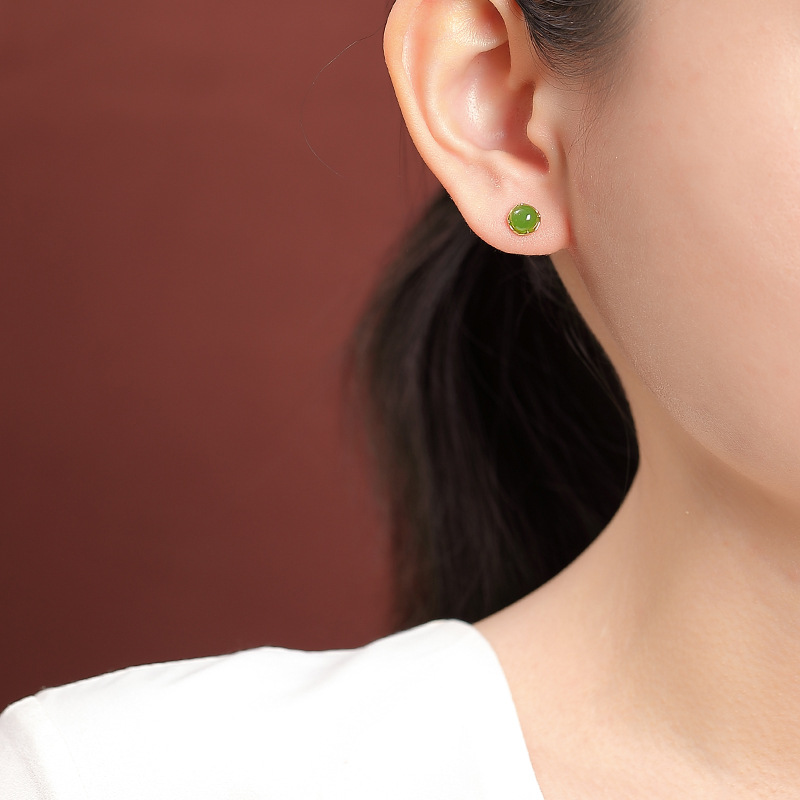 Bông tai bạc S925 mạ vàng hạt ngọc bích Hetian tròn phong cách hình học thanh lịch — Bạc
