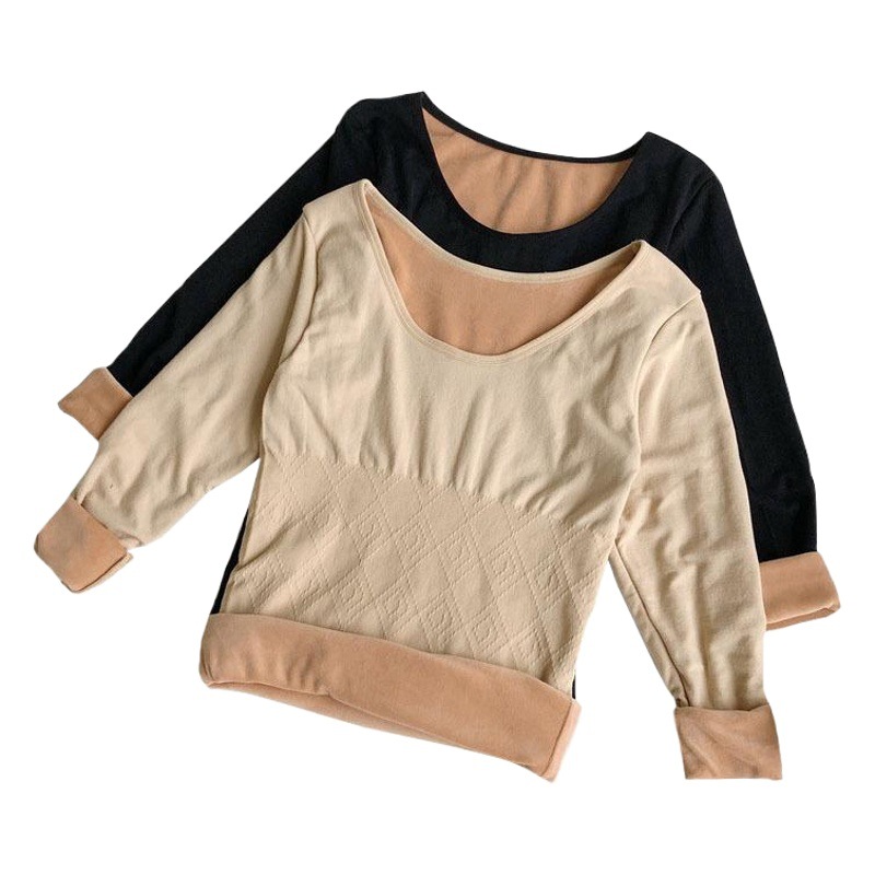 Ropa interior térmica forrada de invierno para mujeres forrada de lana gruesa térmica manga larga cuello redondo camisa de fondo engrosada ropa interior térmica manga larga