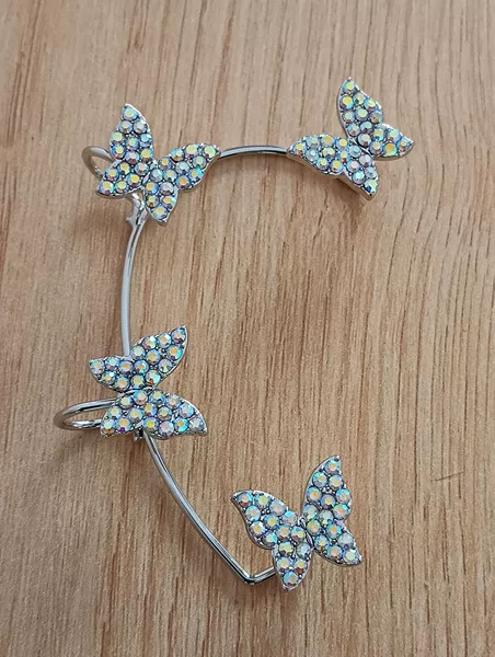 AB color diamond butterfly ear hanging silver right ear
