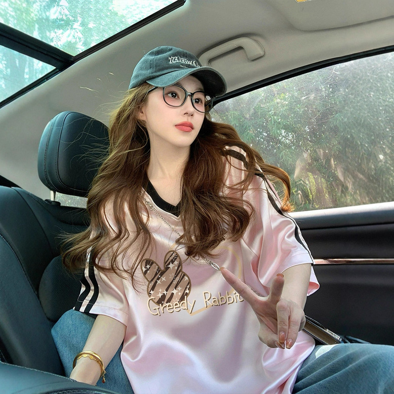 Sweet and Cool Style V Neck Jersey Loose Raglan Sleeve T-Shirt for Women Summer Personalized Fashion Printed Mid-Length Slim Top Trendy