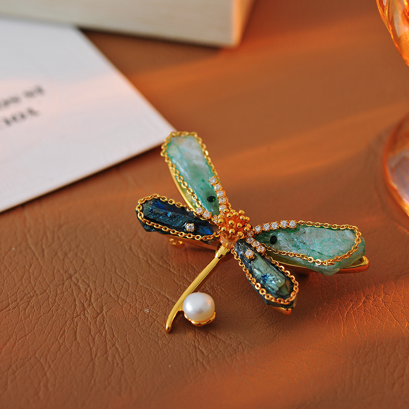 Copper Alloy Brooch High-end Light Luxury Optimized Crystal Dragonfly Brooch Hand-made Gold-plated Natural Dragonfly Pin Niche Women