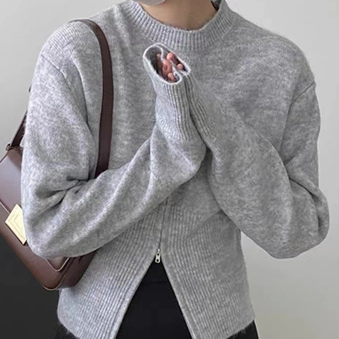 Women's Pullover Round Neck Split Hem French Style Autumn Winter_voghion.com