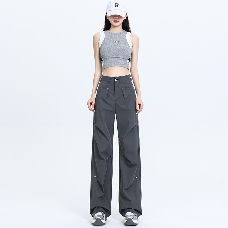 2025 Spring and Summer American Street Fashion Crowd Pants Loose High Waist Slimming Wide Leg Pants Waist Design Casual Pants