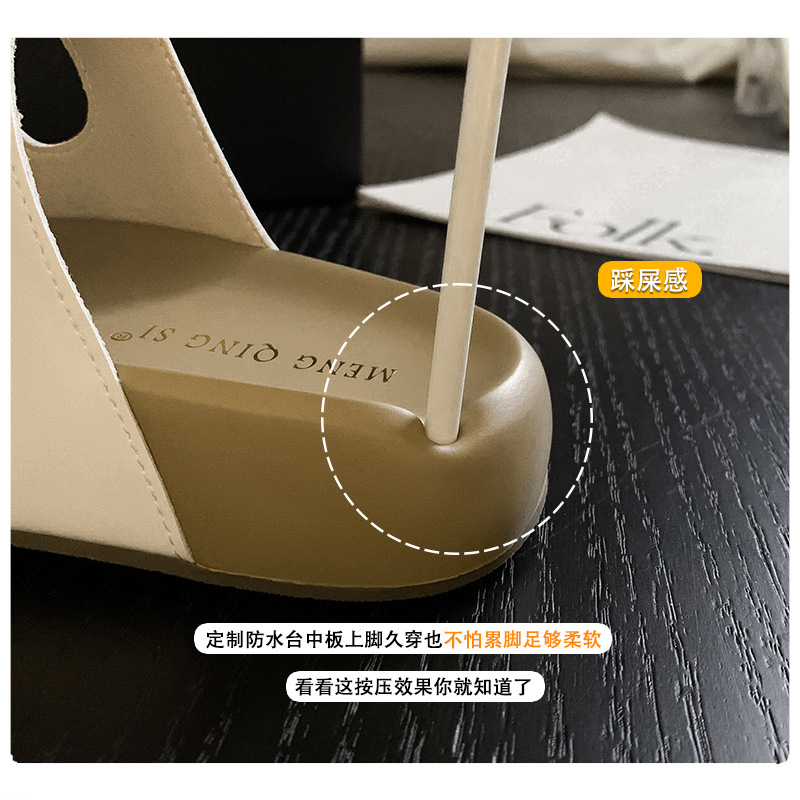 Square Buckle Rhinestone Genuine Leather Double Strap Small Thick-Soled Slippers for Women Summer Outer Wear Heightening Poop Feeling Small Size 32 Half Slippers