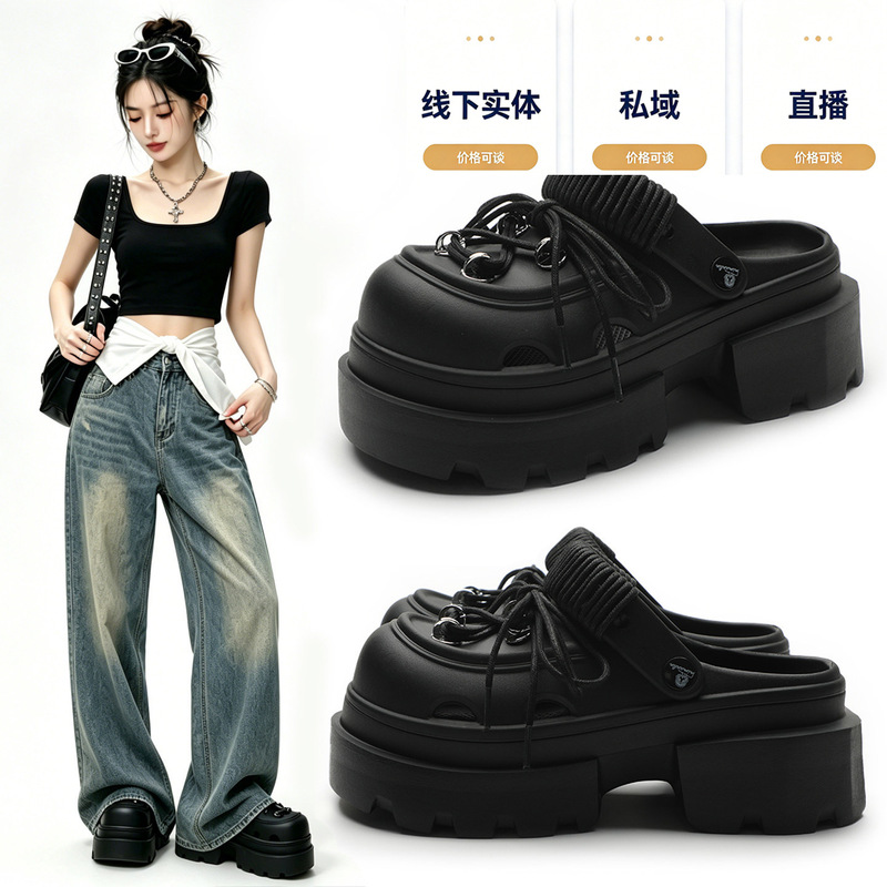 Summer Black Thick-Soled Clogs for Women, Closed-Toe Perforated Shoes, Platform Sole, Height-Enhancing, Trendy Sandals for Petite Women