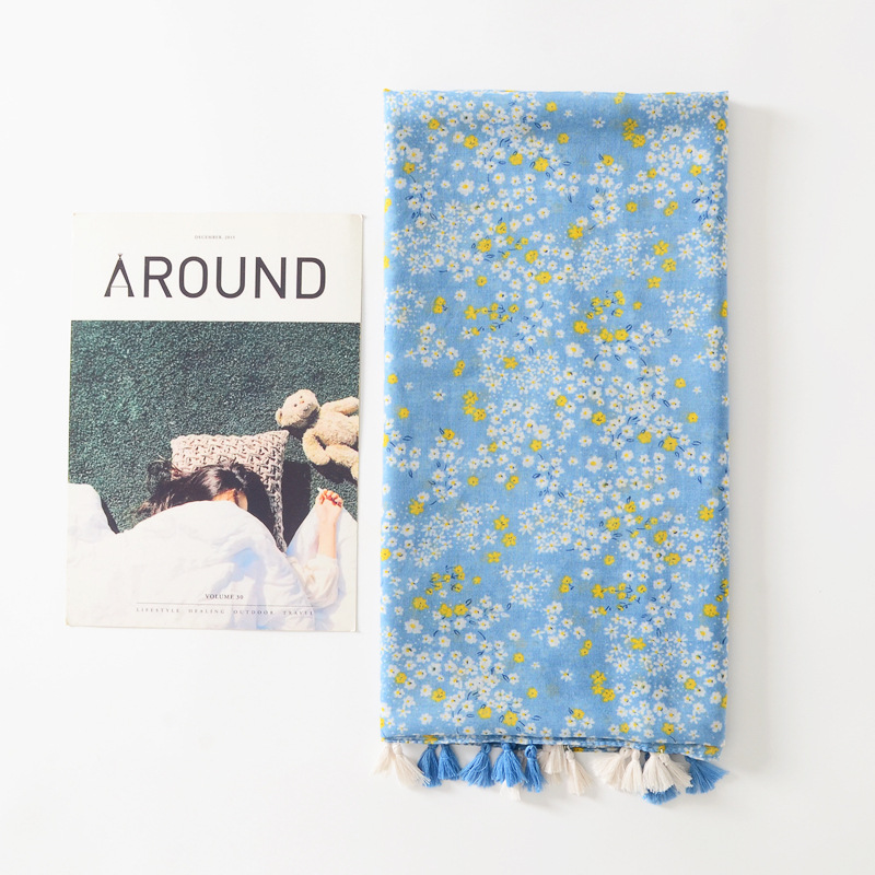 Llanura fresca pequeño floral algodón y lino sensación bufanda de seda larga borla hecha a mano mantón decorativo viajes protector solar toalla playa