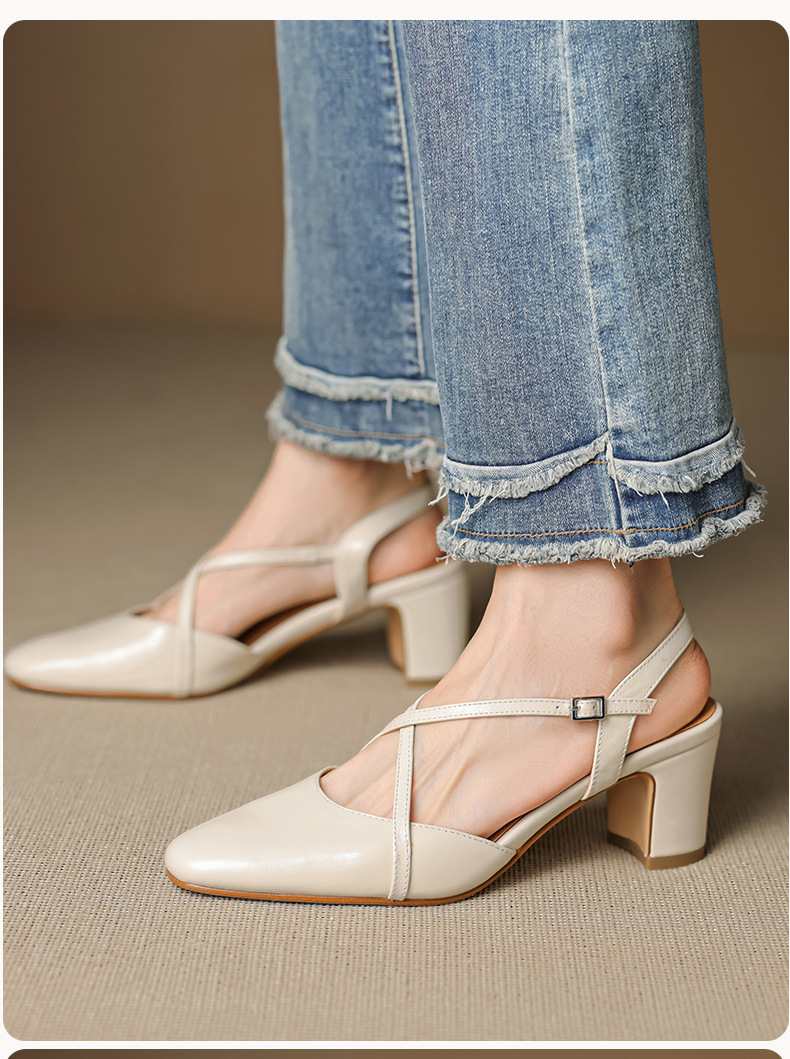 Sandal cao gót nữ mũi nhọn quai chéo buộc dây, gót vuông ổn định — màu trắng ngà chi tiết 13