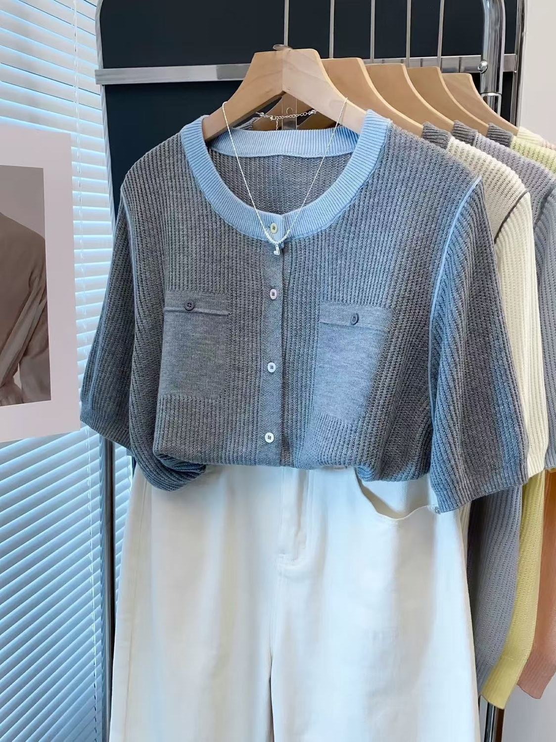 Áo cardigan len nữ cổ tròn rỗng tay ngắn dáng rộng mùa hè — xanh lam, Màu hồng, màu trắng, màu xám chi tiết 5