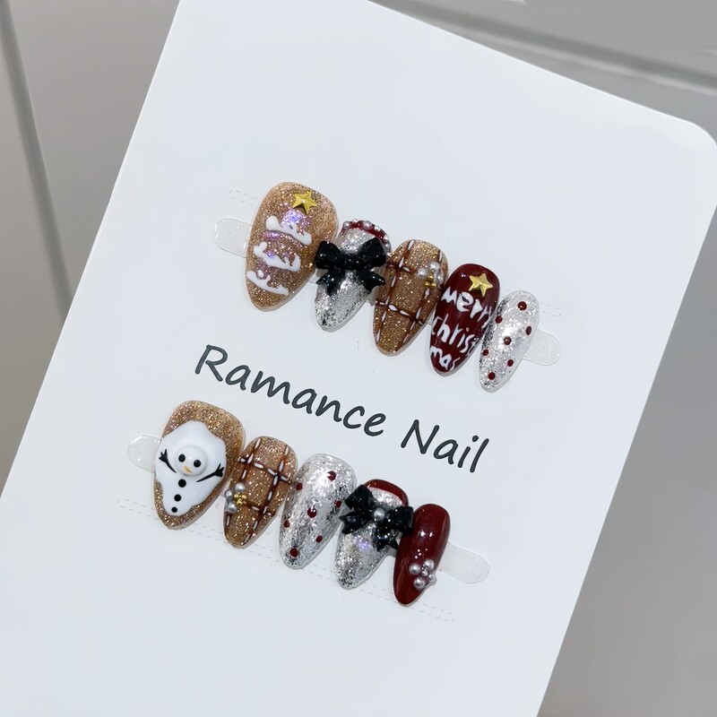 Purely Handmade Christmas Plaster Glue Sugar Hand-Painted Oil Painting Snowman Manicure Short Manicure Retro Manicure