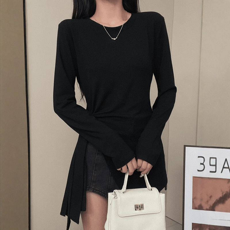 侧边开叉不规则长袖T恤女秋季设计高级感修身显瘦圆领打底衫上衣|undefined
