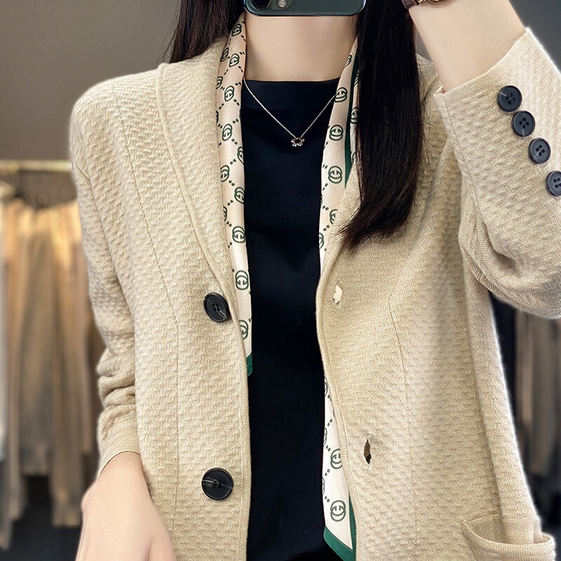 Spring New Arrival Worsted Wool Suit Jacket Women's Knitted Cardigan Loose Slimming Outer Long-Sleeved Elegant All-Match Top