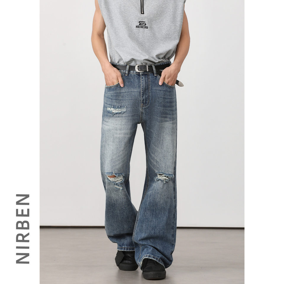 Quần jean nam ống loe nhẹ rách gối phong cách retro, dáng rộng ống suông tôn dáng, quần dài casual — Xanh nhạt, Xanh đậm chi tiết 14