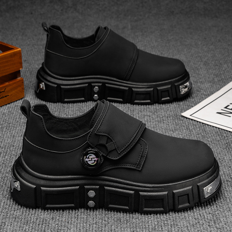 Botas Martin masculinas casuais de couro preto com fivela giratória, modelo Derby exclusivo e elegante com sola grossa que aumenta a altura._voghion.com