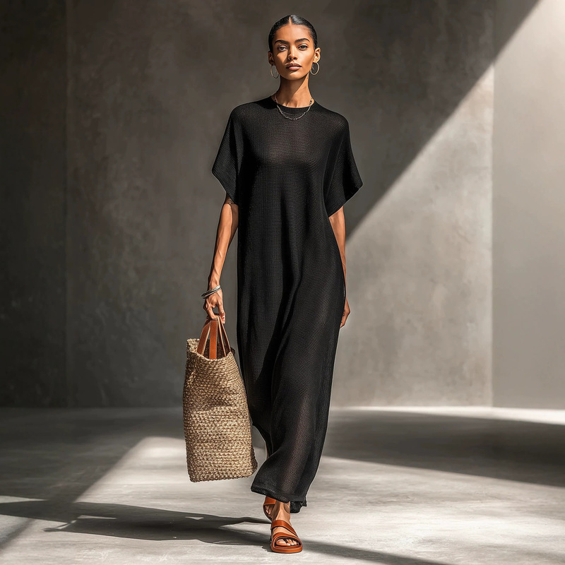 Black Hollow Knit Cover-Up Long Dress for Women, Loose Short-Sleeved Breathable Over-the-Knee Straight Dress for Vacation and Casual Wear