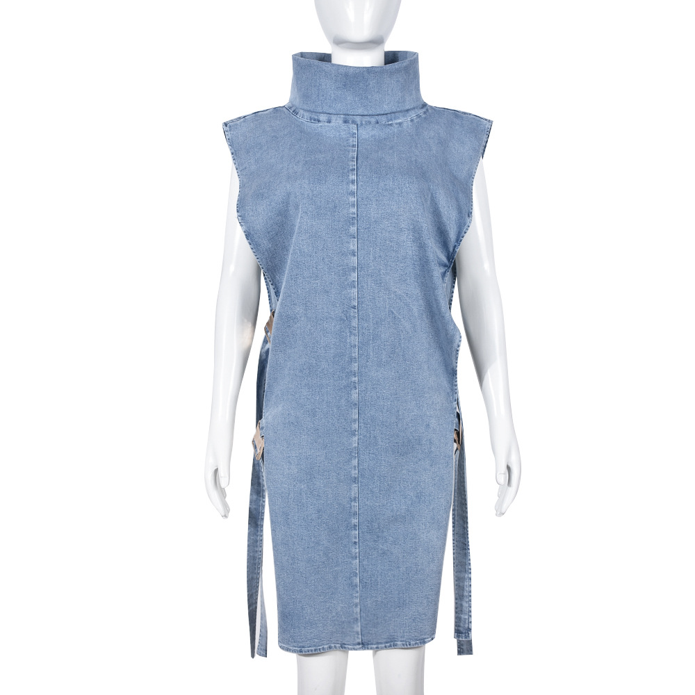 Denim Dress Sexy Cutout Washed Turtleneck Dress Women