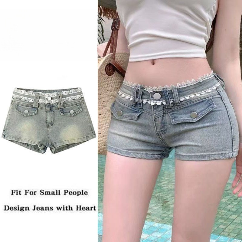 Trendy lace-trimmed low-waist denim shorts for women, summer new style, tight-fitting, elastic, and hip-lifting A-line hot pants Trendy lace-trimmed low-waist denim shorts for women, summer new style, tight-fitting, elastic, and hip-lifting A-line hot pants