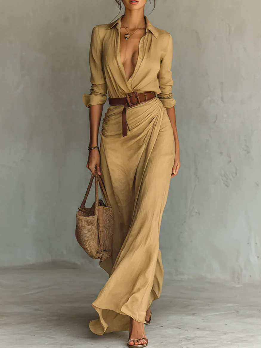 2025 Autumn European and American New Women's Lace-Up High Waist Slit Floor-Length Dress Long Sleeve Lapel Sexy Dress