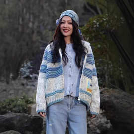 高版本小香家新款翻领复古撞色减龄条纹羊毛混纺针织毛衣开衫外套